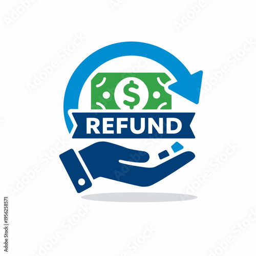 A hand holding a refund banner with a dollar bill and arrow, symbolizing money return and reimbursement