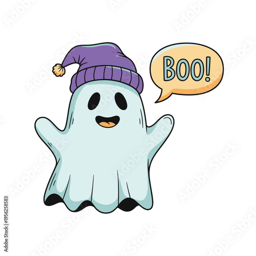 Cute Ghost Wearing Purple Beanie Saying Boo! - Halloween Character