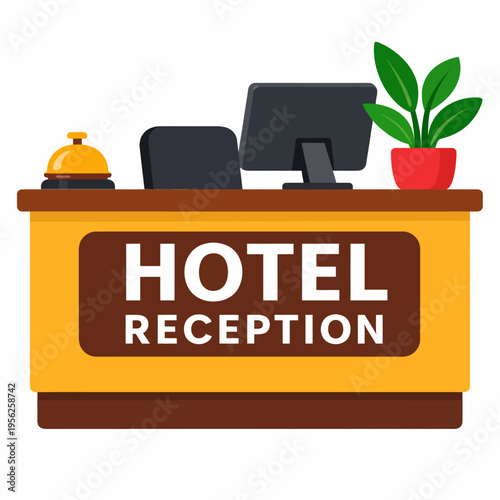 Hotel reception desk with computer and bell on a yellow and brown counter with a potted plant on the right