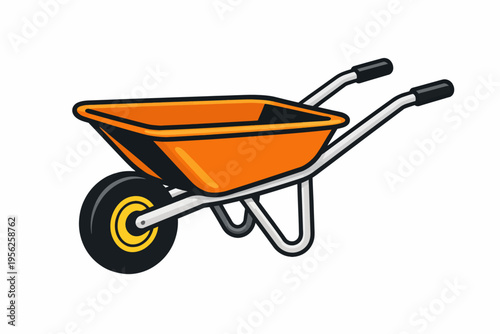 Vibrant orange wheelbarrow with black and yellow accents on a white background, ideal for gardening and construction tasks