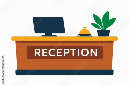 Reception desk with computer and bell on a clean background