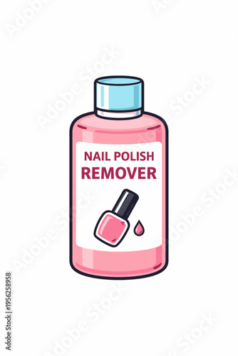 Nail polish remover bottle with pink liquid and nail polish illustration on label for beauty and cosmetics use