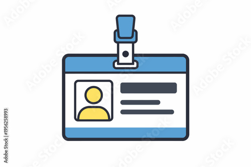 A blue and white ID badge with a yellow person icon on a clip for identification purposes in various settings