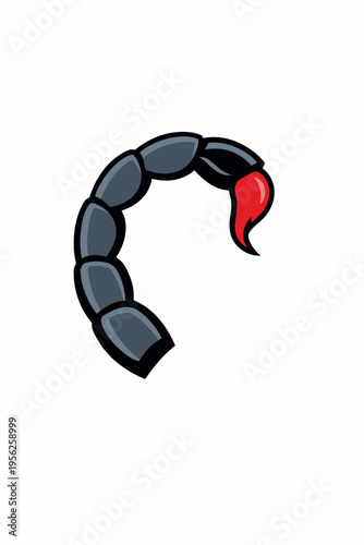 A cartoon illustration of a scorpion's tail with a red stinger on a white background