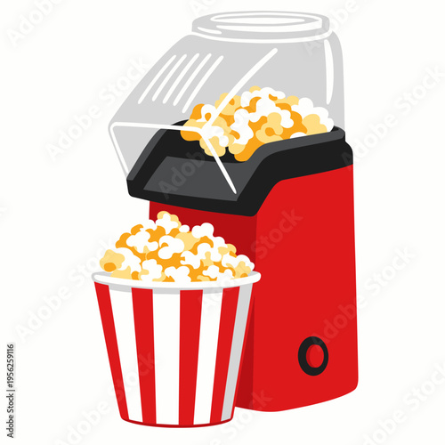 Colorful illustration of a red popcorn machine with a striped bucket filled with freshly popped popcorn on a white background