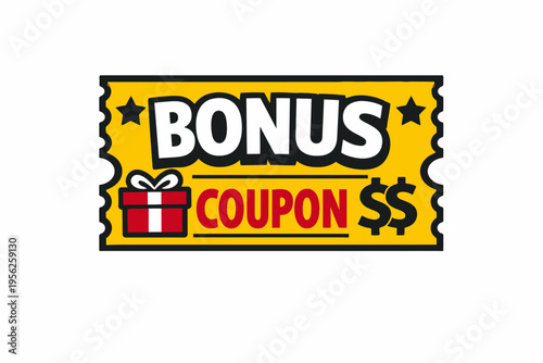 Vibrant yellow bonus coupon ticket with gift box and dollar sign