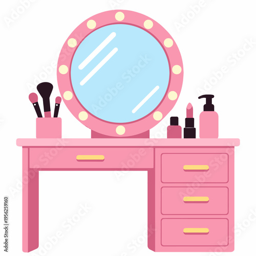 Cartoon pink vanity table with makeup and accessories on white background