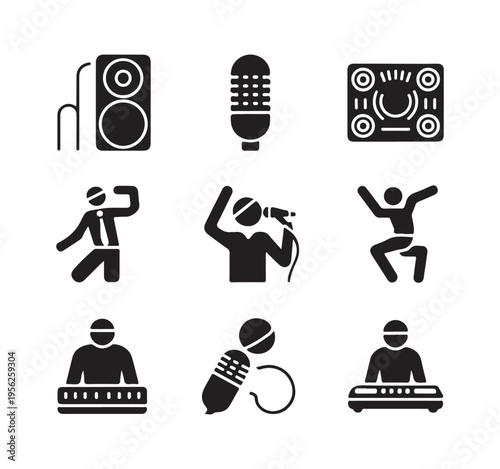 Set of music performance icons with singers djs speakers and sound recording instruments