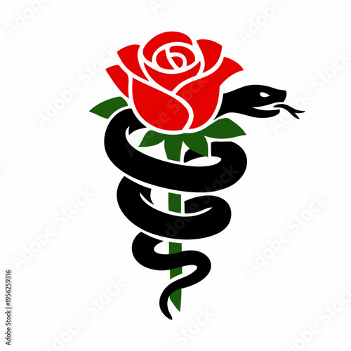 A black snake wrapped around a red rose with green leaves on a white background, a symbol of medical and pharmaceutical industry with a touch of danger and seduction