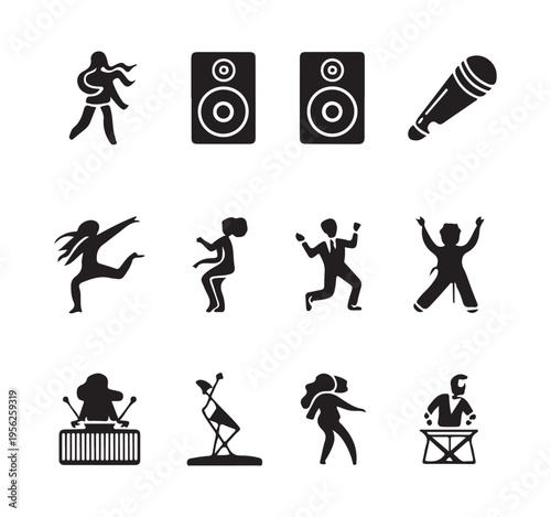 Set of people dancing and music equipment icons for entertainment and party themes