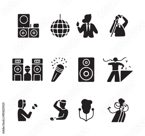 Collection music and dance icons showing djs singers speakers and celebratory people