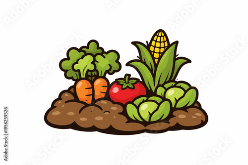 Cartoon vegetables growing in soil with broccoli, carrots, tomato, corn, and cabbage, fresh from garden bed