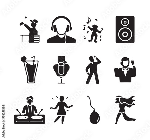 Nightlife celebration icons with disc jockey and dancing people silhouette on white background set