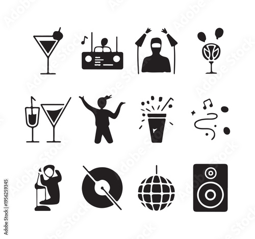 Party nightlife icons with disco ball and martini glass icons for event branding graphic design set