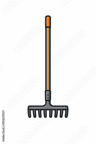 A garden rake with an orange and brown handle on a white background