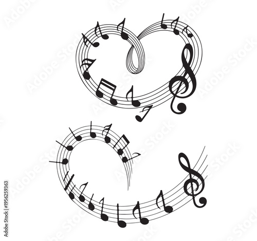 Artistic musical notes staff shaped as heart and spiral elements for creative song compositions art