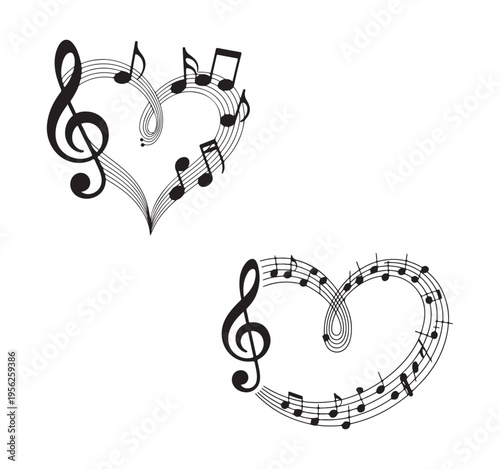 Heart shaped music staff with treble clef and black notes for romantic melody and song designs set