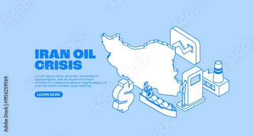 Iran oil industry map with isometric energy infrastructure icons illustrating petroleum production, tanker transport, refinery activity and global energy economyWeb