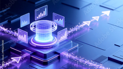Futuristic digital platform illustrating Digital Transformation Business Success with data-driven analytics strategic optimization and glowing progress arrows