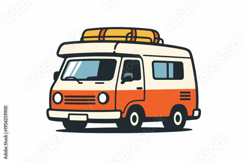A cartoon illustration of a camper van with a surfboard on top, perfect for travel and adventure