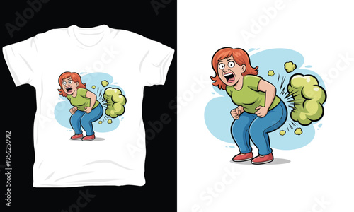 Funny woman farting cartoon character vector illustration for humorous apparel and posters