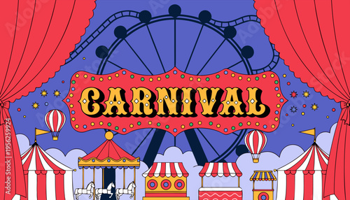 Carnival and Funfair Vector Banner with Amusement Park Attractions, Ferris Wheel, and Roller Coaster on Sky Background.eps