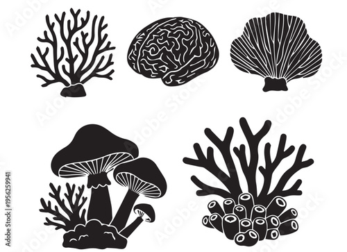 Organic Nature and Marine Life Silhouette Icons - Coral, Brain, and Mushroom Set