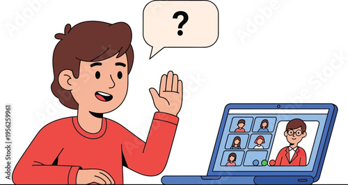 Boy raising hand on video call with question
