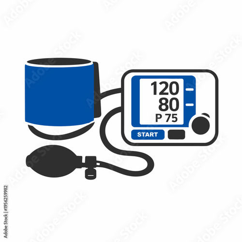 Digital blood pressure monitor with cuff and bulb on white background