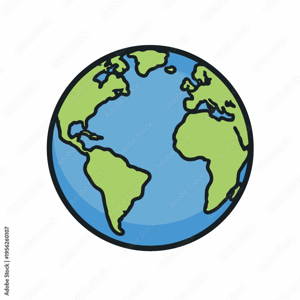 Obraz premium Vibrant cartoon illustration of planet Earth with green continents and blue oceans on white background