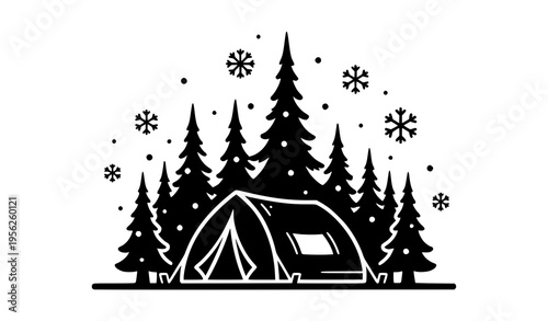 Outdoor Winter Camping Tent Silhouette Scene Icon Vector Design
