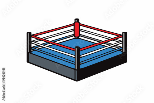 Professional boxing ring with blue mat and red white black ropes for wrestling and combat sports competition isolated on white background