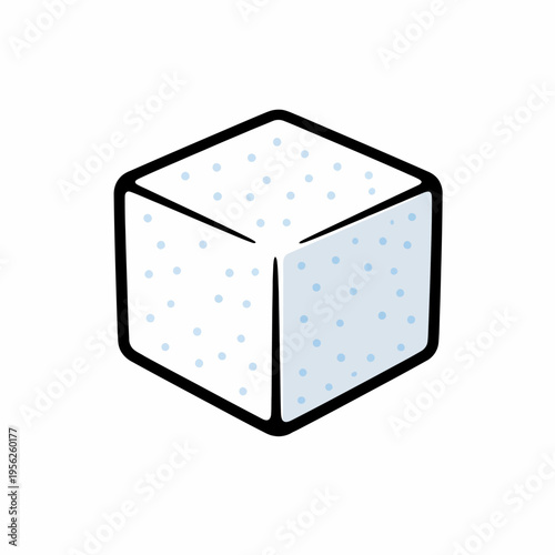 A cartoon ice cube with blue dots on a white background, symbolizing coolness and refreshment in a simple, modern design.
