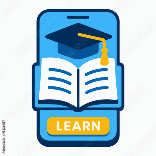 E-learning concept with mobile phone, graduation cap and book, symbolizing online education and digital learning, e-book, and mobile learning.