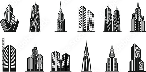 Collection of modern skyscraper silhouettes and urban building icons featuring various architectural styles for real estate development corporate business and metropolitan city landscape