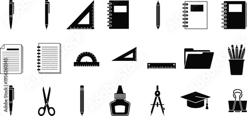 Collection of school and office stationery icons featuring pens pencils notebooks rulers scissors glue compass graduation cap and document folders for education and workplace