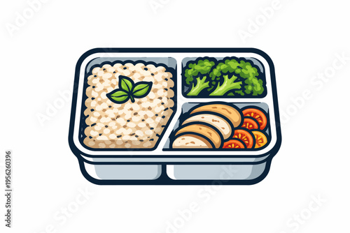 A cartoon-style illustration of a bento box containing quinoa, broccoli, chicken and tomato slices on a white background