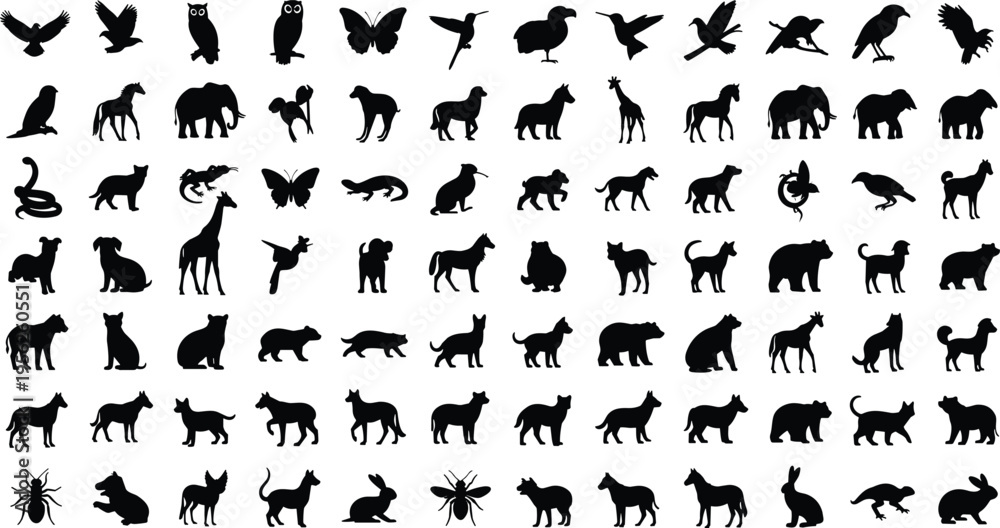 Obraz premium Large collection of wild and domestic animal silhouettes featuring mammals birds insects and reptiles for nature wildlife conservation education and graphic design elements isolated on white