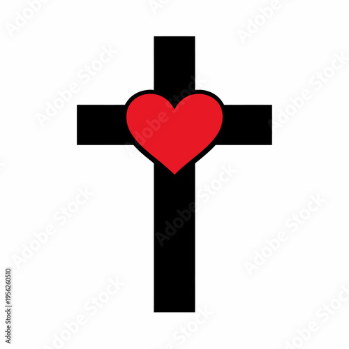 a black cross with a red heart on a white background