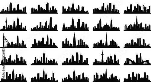 Large collection of global city skyline silhouettes featuring famous metropolitan landmarks skyscrapers and urban panoramas for travel real estate development and architectural design projects
