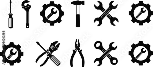 Professional industrial tool icons set including screwdriver wrench hammer pliers and gears for mechanical repair technical support maintenance service and hardware engineering design elements