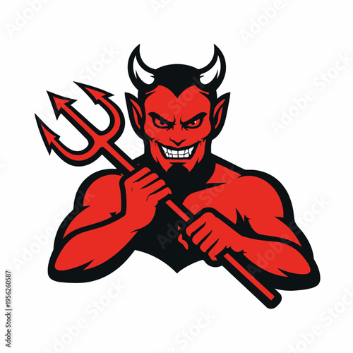 A muscular red devil with horns and a trident on white background
