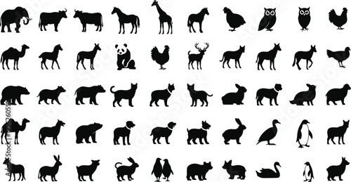Large collection of wild and domestic animal silhouettes including elephant giraffe panda bear cat dog bird farm and forest wildlife isolated on white