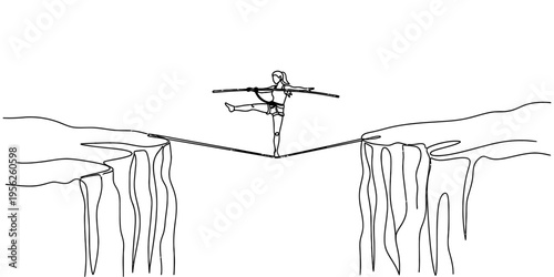 Continuous One Line Drawing of Tightrope Walker Crossing Mountain Cliff