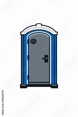a blue and white portable toilet with a gray door and a green light on the handle is shown in a cartoon style