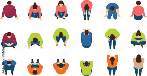 Top view illustration of diverse people sitting in various postures with different clothing colors and hairstyles perfect for ergonomics behavioral analysis and design applications