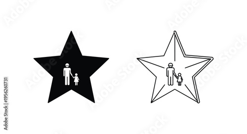 Father and child icon set vector in black solid and outline star shapes for family concepts