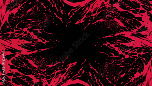 Abstract dark background with blood red paint splatter and ink drops on black surface.eps