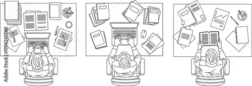 Top view illustration of people working at desks with laptops books documents charts and office supplies representing academic study professional tasks and workplace organization