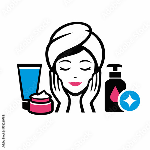 Woman enjoying skincare routine with face cream and lotion for healthy glowing skin care